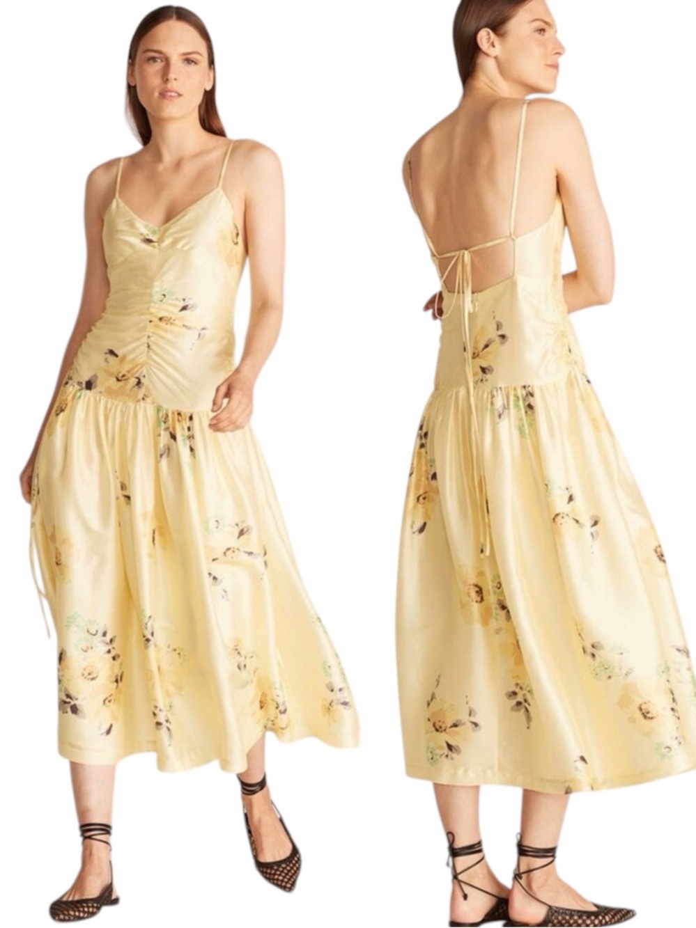NWT Rebecca Taylor Positano Rose Silk Midi Dress Yellow Pockets 4
